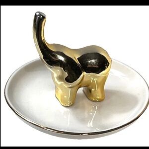Walgreens Ring Holder 2.5 In Tall Goldtone Elephant White Ceramic Gilt Edge Dish